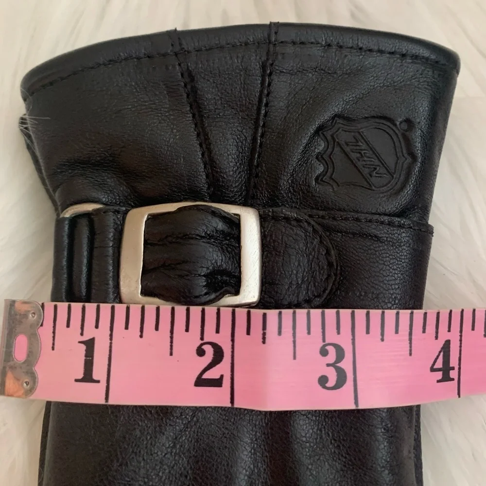 Ladies, black, genuine, leather buckle gloves, size small with NHL Logo NWT